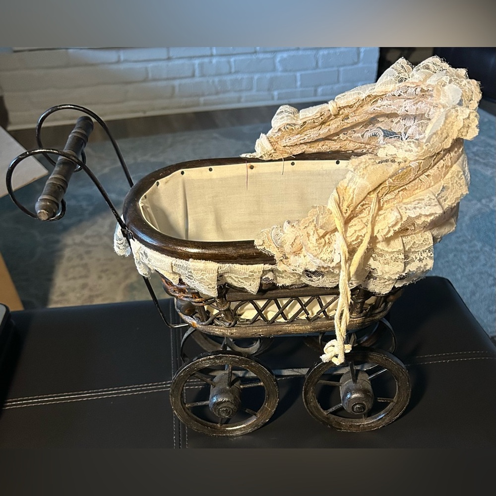 Vintage Lace/metal/wood mini baby doll Carriage
